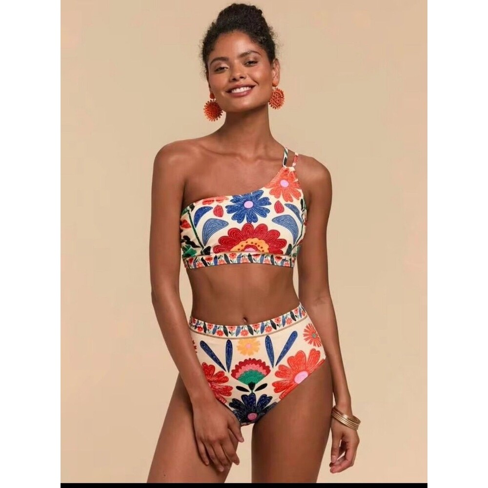 2-piece, High Rise, One Shoulder, Modeen Floral Design Bikini Swimsuit, XL